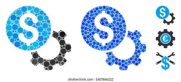 Development cost mosaic of round dots in variable sizes and shades, based on development cost icon. Vector round dots are united into blue collage.