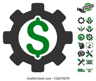 Development Cost pictograph with bonus configuration pictures. Vector illustration style is flat iconic green and gray symbols on white background.