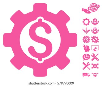 Development Cost pictograph with bonus configuration symbols. Vector illustration style is flat iconic pink symbols on white background.