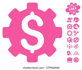 Development Cost pictograph with bonus configuration pictograph collection. Vector illustration style is flat iconic pink symbols on white background.