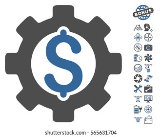 Development Cost pictograph with bonus drone service pictograph collection. Vector illustration style is flat iconic cobalt and gray symbols on white background.