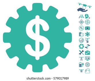 Development Cost pictograph with bonus drone service symbols. Vector illustration style is flat iconic cobalt and cyan symbols on white background.