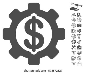 Development Cost pictograph with bonus flying drone service icon set. Vector illustration style is flat iconic symbols on white background.