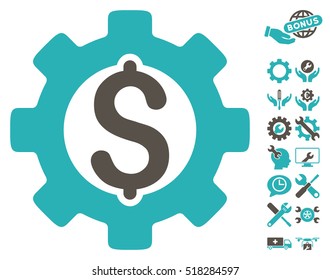 Development Cost pictograph with bonus options pictures. Vector illustration style is flat iconic grey and cyan symbols on white background.