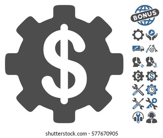 Development Cost pictograph with bonus options clip art. Vector illustration style is flat iconic cobalt and gray symbols on white background.