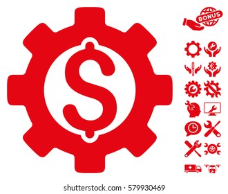 Development Cost pictograph with bonus options design elements. Vector illustration style is flat iconic red symbols on white background.
