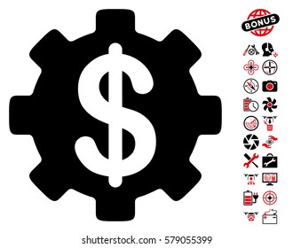 Development Cost pictograph with bonus quadrocopter tools pictograph collection. Vector illustration style is flat iconic intensive red and black symbols on white background.