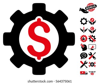 Development Cost pictograph with bonus settings symbols. Vector illustration style is flat iconic intensive red and black symbols on white background.
