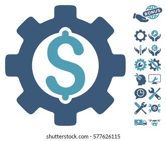 Development Cost pictograph with bonus settings pictures. Vector illustration style is flat iconic cyan and blue symbols on white background.