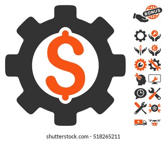 Development Cost pictograph with bonus setup tools images. Vector illustration style is flat iconic orange and gray symbols on white background.