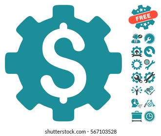 Development Cost pictograph with bonus setup tools images. Vector illustration style is flat iconic soft blue symbols on white background.