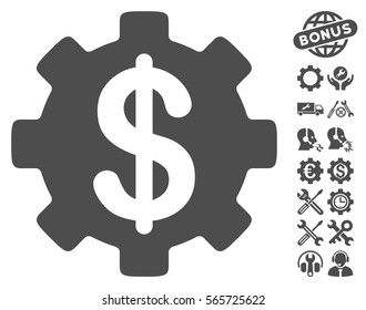 Development Cost pictograph with bonus tools clip art. Vector illustration style is flat iconic gray symbols on white background.