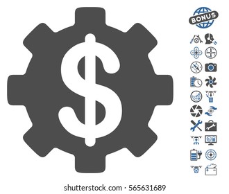 Development Cost pictograph with bonus uav tools images. Vector illustration style is flat iconic cobalt and gray symbols on white background.