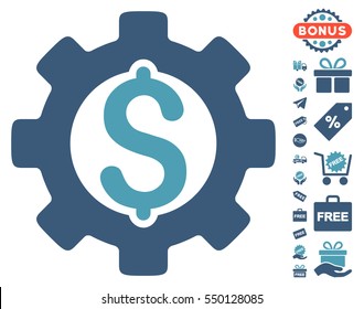 Development Cost pictograph with free bonus symbols. Vector illustration style is flat iconic symbols, cyan and blue colors, white background.