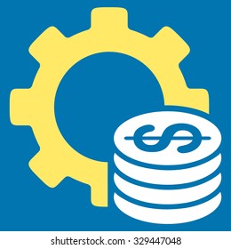 Development Cost vector icon. Style is bicolor flat symbol, yellow and white colors, rounded angles, blue background.