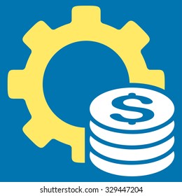 Development Cost vector icon. Style is bicolor flat symbol, yellow and white colors, rounded angles, blue background.