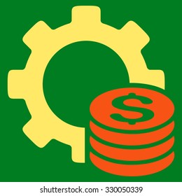 Development Cost vector icon. Style is bicolor flat symbol, orange and yellow colors, rounded angles, green background.
