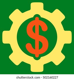 Development Cost vector icon. Style is flat graphic bicolor symbol, orange and yellow colors, green background.