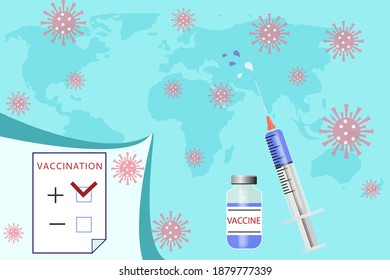 Development and development of the COVID-19 vaccine for the prevention or control of coronavirus. Illustration of a syringe and ampoule on a background of the world map. Vector