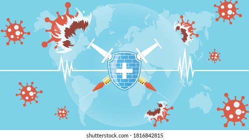 Development and creation of a COVID-19 vaccine. Design by shield with  yellow vaccine syringes and antibody eliminating viruses. Concept of Vaccines to provention or fight against Coronavirus. Vector