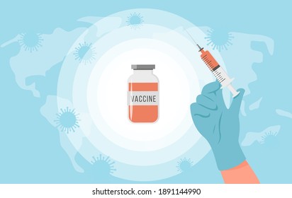 Development and creation of COVID-19 vaccine. Doctor hand in medical glove holding syringe and vaccine ampoule bottle in centre on blue world map. Vaccination or medical injection vector illustration.