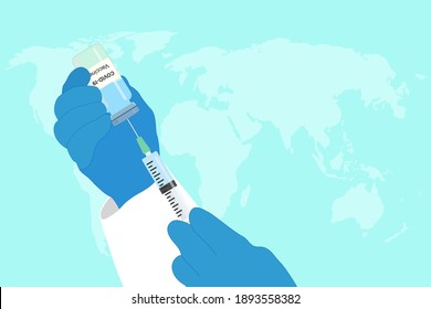 Development and creation of a vaccine against COVID-19. Design by doctor's hands with medical gloves holding vaccine bottle and syringe. The concept of vaccines for the prevention .