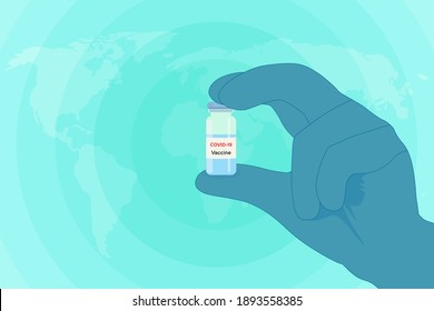 Development and creation of a vaccine against COVID-19. Design by doctor's hands with medical gloves holding the vaccine bottle . The concept of vaccines for the prevention or control of COVID-19.