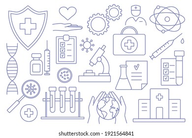 Development and creation vaccine. Clinical Research, Antibody, Laboratory, Immune, Treatment, Syringe. Vaccines to provention. Vector Line Icons. Editable Stroke. elements of medical subjects. 