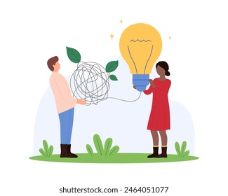 Development of creative idea, brainstorming on organization challenge, project clarifying. Tiny people holding light bulb with connection of chaos knot of tangled wires cartoon vector illustration