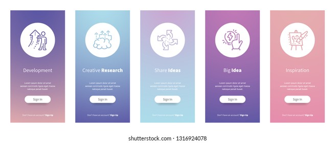 Development, Creative research, Share ideas, Big idea, Inspiration Vertical Cards with strong metaphors. Template for website design.
