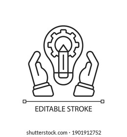 Development department linear icon. Marketing tactic. Branding, expansion in markets. Thin line customizable illustration. Contour symbol. Vector isolated outline drawing. Editable stroke