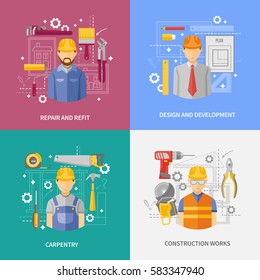 Development and design concept of construction works 4 flat icons square composition banner abstract isolated vector illustration