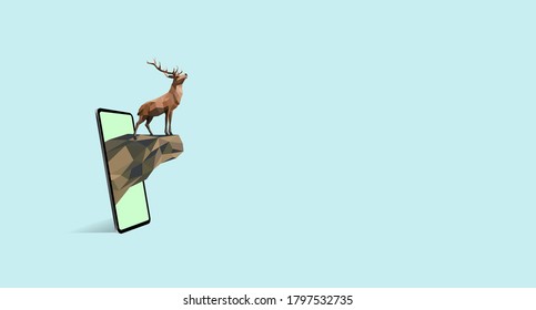 Development devices and programs for virtual reality displaying deer low polygon realistic images fling on screen a mobile phone like watching in a cinema on sky background for vector illustration