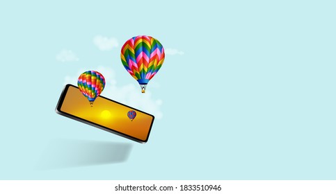 Development devices and programs for vr displaying balloon realistic images fling on screen a mobile phone like watching in a cinema on sunshine background, concept travel for vector illustration