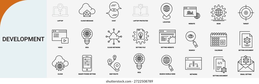 “Web development and digital cloud settings linear icon set, technology vector”
