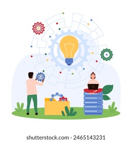Development of digital project and insight, automation tech solution of innovation. Tiny people work with bright electric light bulb and gears in center of circuit board cartoon vector illustration