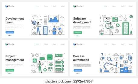 Development of digital projects and software, process automation set vector illustration. Cartoon tiny people develop and test mobile app and program architecture with open source, tools and robots