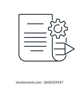 Development, draft document. Project. Preparation of contract, agreement. Vector linear icon isolated on white background.