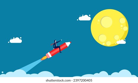 Development, dreams come true. Businessman controls rocket pencil to the moon 