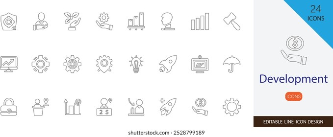 Development editable line icon collection set. containing Software, Coding, Programming, Growth, Progress more stroke icon