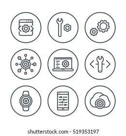 development, engineering, configuration line icons in circles for apps and web