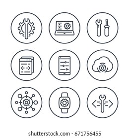 development, engineering, configuration line icons in circles for apps and web