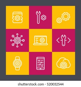 development, engineering line icons set, settings, configuration, installation, gears, vector illustration
