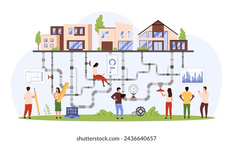 Development of engineering underground networks and city pipelines. Tiny people work on project of sewer and clean water pipes, pipe connections inspection by engineers cartoon vector illustration