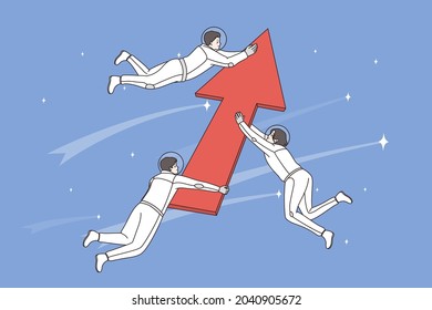 Development and exploring space concept. Group of positive men astronauts cosmonauts holding huge red arrow up meaning development and success vector illustration 