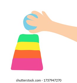 Сhildhood development. Fine motor skills. Child playing with wooden stacking toy. Kindergarten concept.  Hand drawn illustration