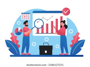 Development focus concept. Man and girl evaluating charts. Analytical department of company look at income and expenses. Graphs and diagrams, work with statistics. Cartoon flat vector illustration