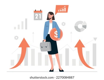 Development focus concept. Woman with gold coin in her hands looks at graphs and charts. Successful entrepreneur or investor evaluates income. Ambitions and progress. Cartoon flat vector illustration