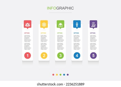 Development, global solution, knowledge, investor, economy icons Infographic design template. Creative concept with 5 steps