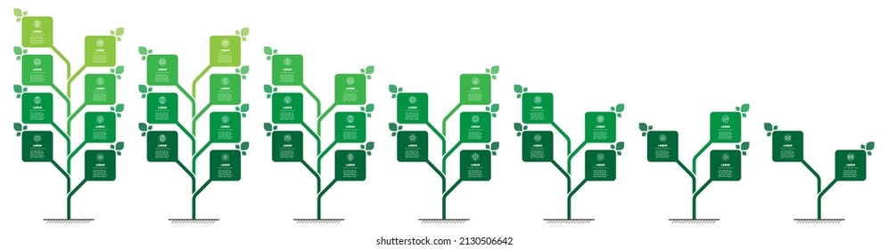 Development of the green technology in the world. Business presentation with seven steps or processes. Infographic. Set of Vertical info graphics in the form of trees with 2, 3, 4, 5, 6 and 7 parts.